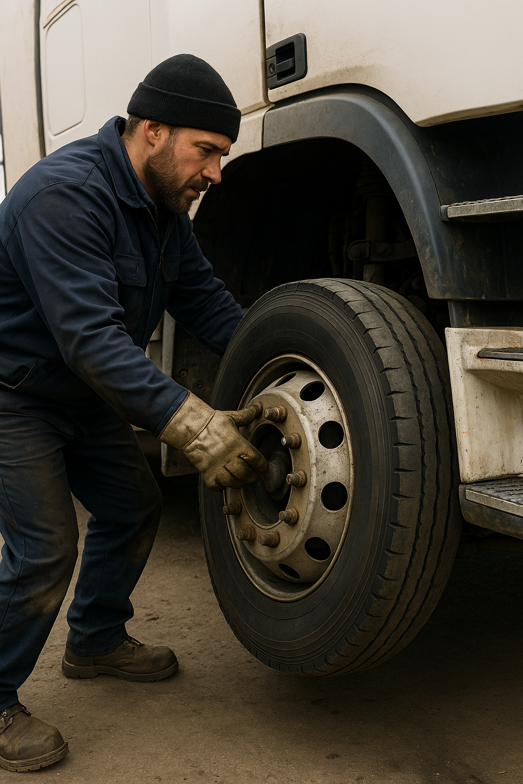 Mechanic removing a tire from a semi-truck